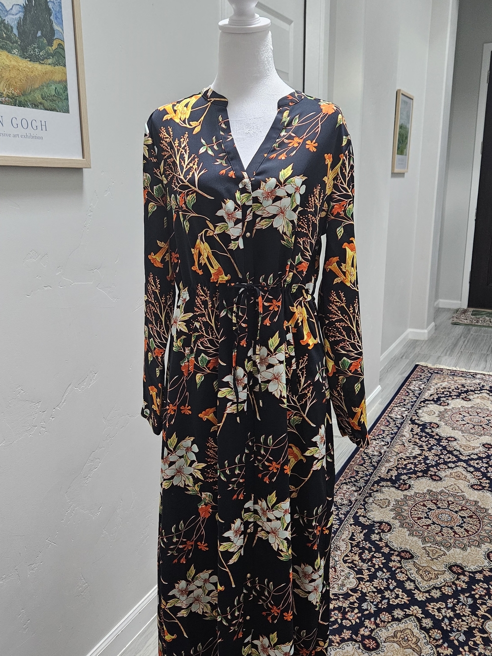 Black Floral Maxi Dress with Long Sleeves